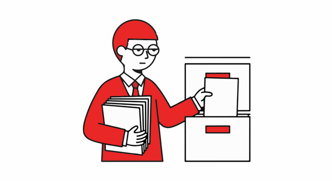 Cartoon professional organizing files in cabinet drawer.