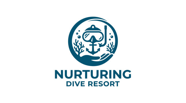 Dive resort logo with snorkel mask, anchor, and hand