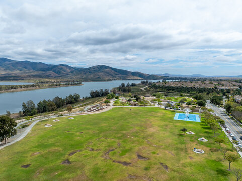 Aerial view of Otay Lakes County Park in Chula Vista, California, a scenic view of a mountain range, the lake. High quality photo