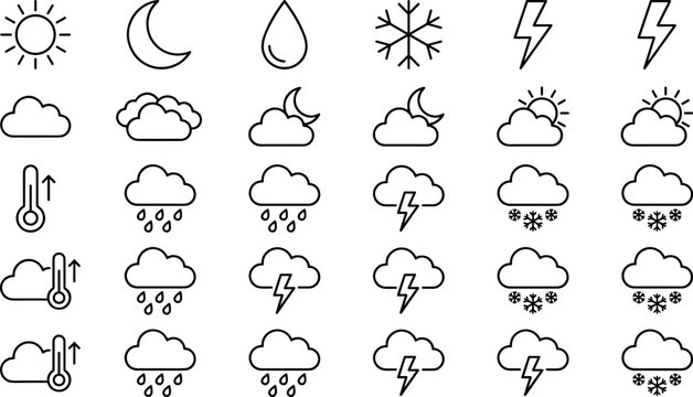 Mobile application weather widget interface line icon set featuring seasonal atmospheric climate symbols, temperature measurements and environmental outline vectors