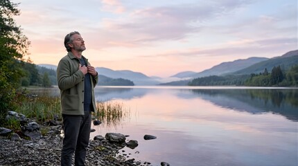 Fototapeta premium Mature man breathing fresh air by a serene lake at sunrise for wellness
