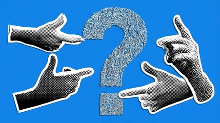 Obraz premium Eye-catching graphic with swirl lined white detailed question mark on solid blue backdrop, three halftone black-white outlined cutout hands guiding focus toward central query icon
