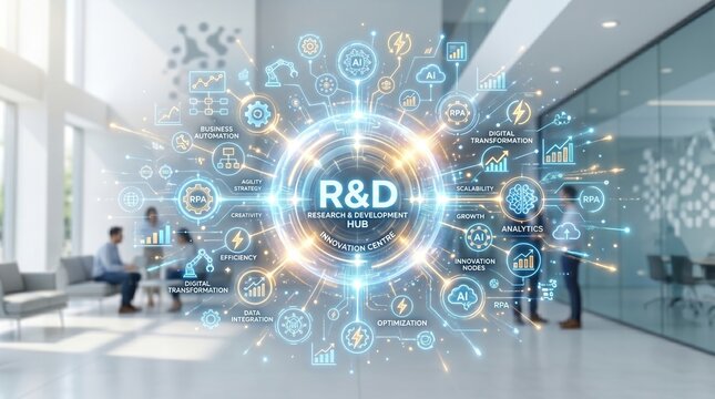 R&D hub showing digital tools and people working in a modern office setting at daytime