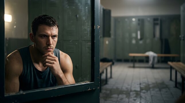 Pensive athletic man looking in mirror inside a locker room after workout