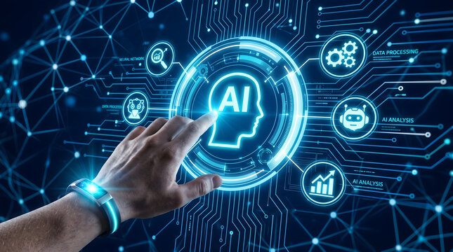 A hand touching a glowing holographic ai interface with digital circuit board lines and data processing icons in a futuristic blue cybernetic networking environment