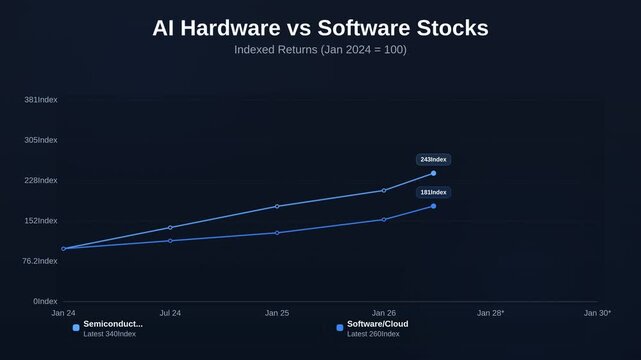 Animated line chart showing AI Hardware vs Software Stocks tracking Indexed Returns Jan 2024 equals 100
