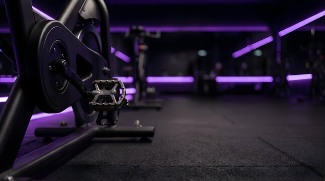 Spinning exercise bike pedal in a dark modern gym with purple neon lights