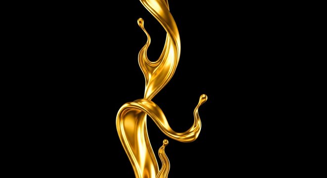 Abstract gold liquid splash flowing on a black background
