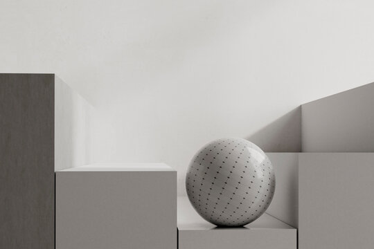 Close up textured sphere on minimal block