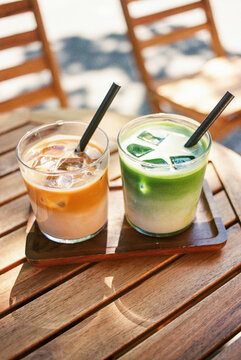 iced matcha latte and iced coffee latte