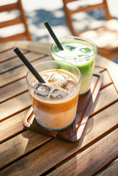 iced matcha latte and iced coffee latte