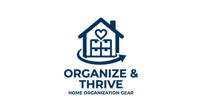 Home organization logo with house, boxes, heart, and arrow graphic element