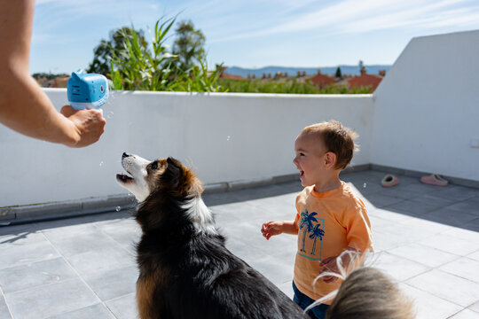 Toddler and dog playing with bubbles on rooftop terrace