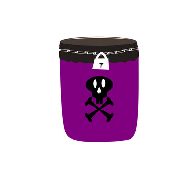Purple poison jar with skull symbol and padlock isolated on transparent background