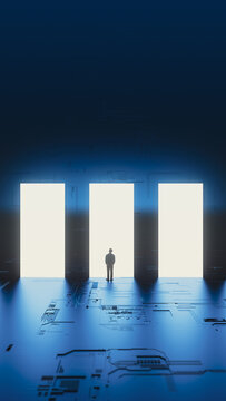 Silhouette of a man stepping through a portal in a tech setting
