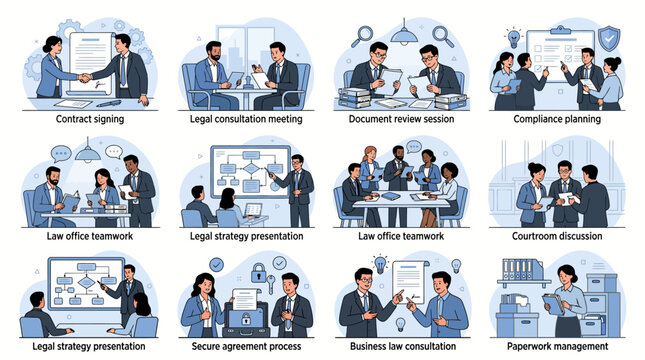 law office teamwork legal consultation contract signing compliance planning strategy presentation