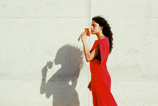 Woman in red dress smelling orange tulip