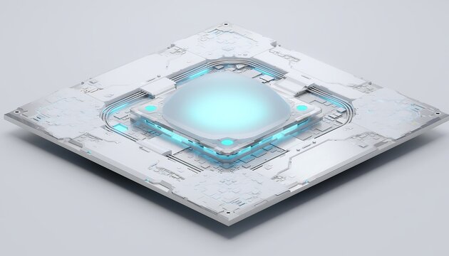 Futuristic white microchip processor with glowing blue dome core on clean background, next generation quantum computer hardware and AI technology concept
