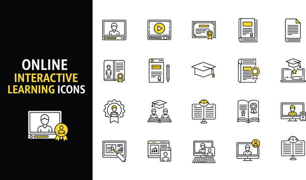 Professional online interactive learning line icon set featuring digital classroom education, graduation diplomas, academic certificates, e-learning video lessons, and student study tools.