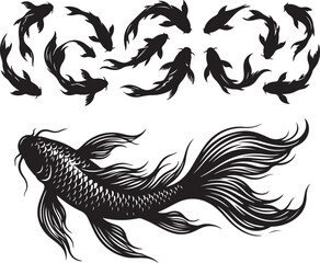 Fototapeta premium Black fish icons, swimming fish silhouettes, betta fish vector, aquatic animal illustrations