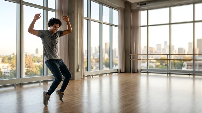 Happy athletic man dancing and celebrating in a sunny modern dance studio