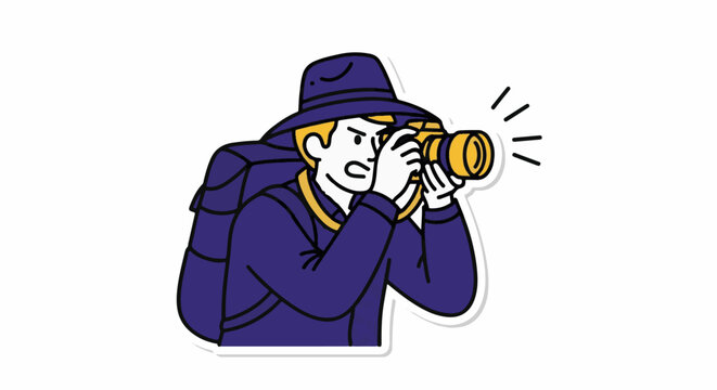 Cartoon character taking a flash photography shot outdoors.