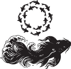 Fototapeta premium Black koi fish, wave, and circular dolphin silhouettes, vector illustration, aquatic animal icons