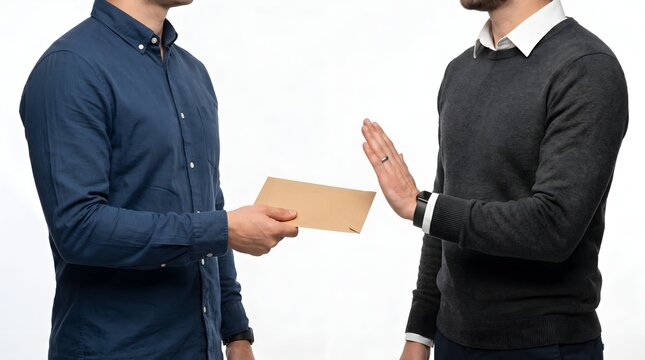 Two men standing face to face one refusing an envelope from the other