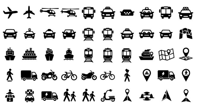 Transportation icon set with airplanes cars trains bicycles boats and pedestrian map symbols vector
