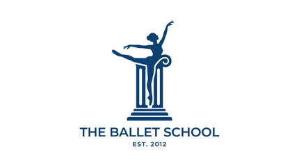 Ballet school logo with dancer on column, classic emblem design © MAHARANI