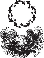 Fototapeta premium Black koi fish, wave tattoo designs, circular fish motifs, vector illustrations