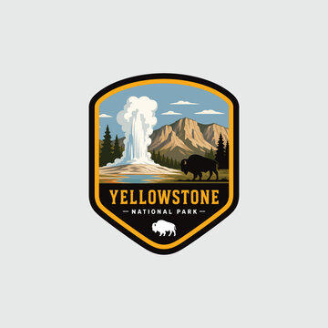 Yellowstone national Park illustration Design suitable for badge , vintage, patch, sticker, logo with mountain and Byson and lanscape design 01
