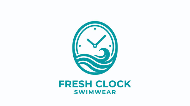 Clean vector logo featuring a clock face merged with ocean waves, ideal for swimwear brands.