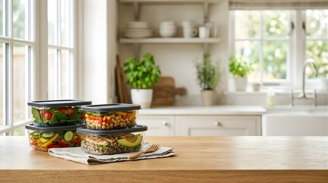 Healthy meal prep containers with fresh salad and quinoa on kitchen table