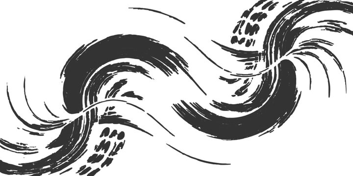 Abstract black dry brush stroke waves ink swoosh flowing lines background vector illustration graphic design art.