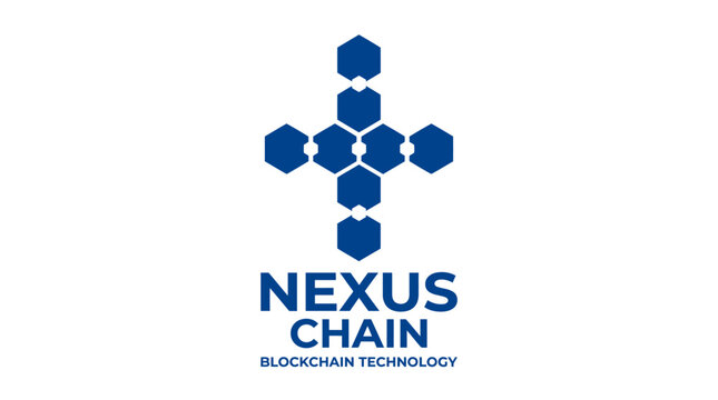 Blockchain technology logo with interconnected hexagonal nodes forming a cross shape, representing nexus and chain.