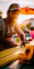 Obraz premium Man in work attire installing wooden planks for deck construction and pool area renovation for home improvement, garden maintenance and residential building services