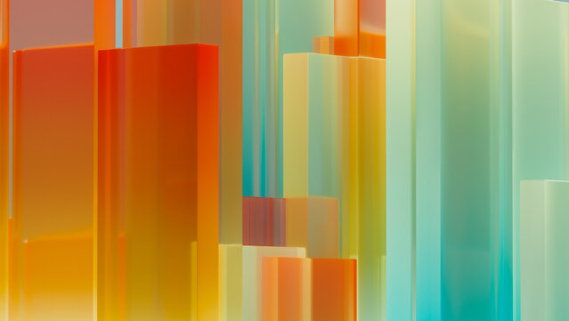 Bright geometric glass blocks stand upright against a soft background