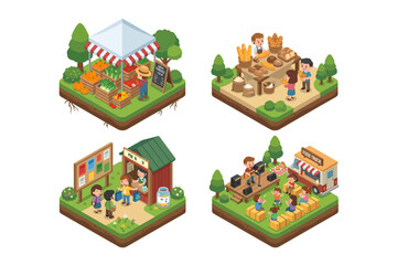 Naklejka premium Detailed isometric scenes of bustling local markets, delicious bakery stalls, and lively outdoor community events