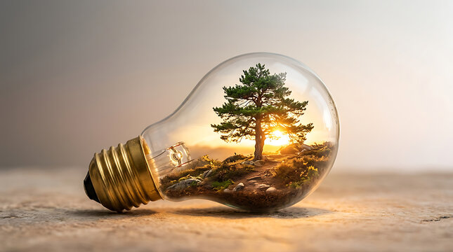 A single pine tree growing inside a glowing light bulb