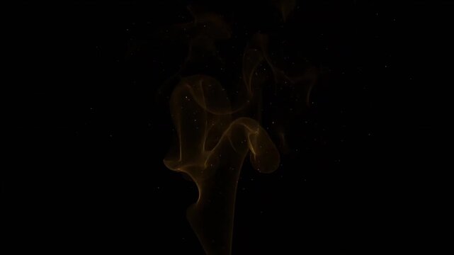Gold smoke motion video featuring elegant swirls and floating dust particles isolated against a deep black professional studio background