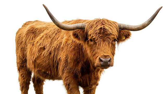Highland Cow with Long Horns Isolated on White Background