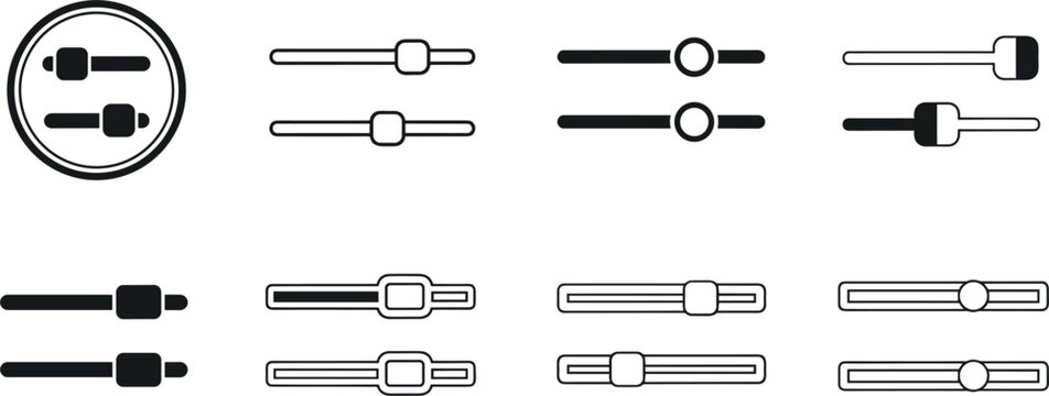 Audio mixer sliders and adjustment control icon set vector line art illustrations featuring equalizer levels volume settings configuration options and parameter toggle symbols