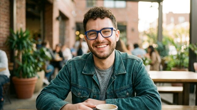Portrait of Smiling Cheerful Man in Blue Glasses &mdash; Happy Young Transgender Male Casual Lifestyle Concept