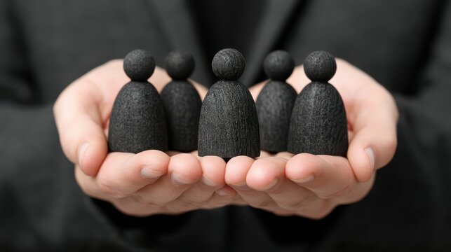 Hands hold five black wooden figurines, symbolizing teamwork, support, and unity.