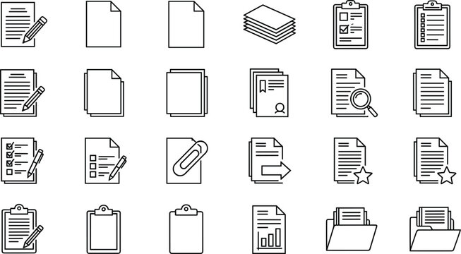 Business document and office files outline icon set featuring clipboards text pages paper clips stacks folders spreadsheets surveys and certificate forms vector