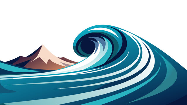 Stylized ocean wave breaking near coastal mountains with blue tones mountain landscape mountainous illustration abstract peaceful environment adventure vacation minimalist outdoors