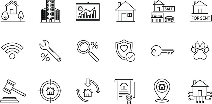 Real estate icon set illustration, property sale rent home services symbols, housing investment security tools, realty management concept, outline style, flat vector