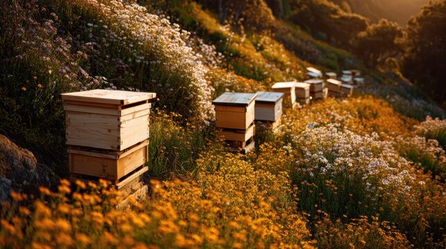 Wooden beehives on a wildflower hillside at golden hour sunset