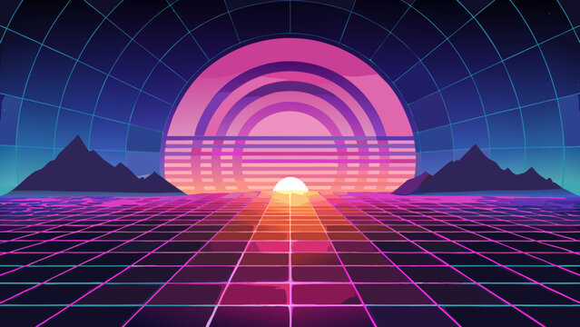 Futuristic neon grid landscape under circular arches and digital sun with synthwave vaporwave landscape background mountains eighties abstract perspective colorful creative computer